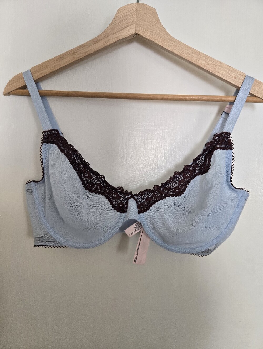 NWT Victoria's Secret Unlined Demi Light Blue Bra with Brown Lace Trim Size 38 D
